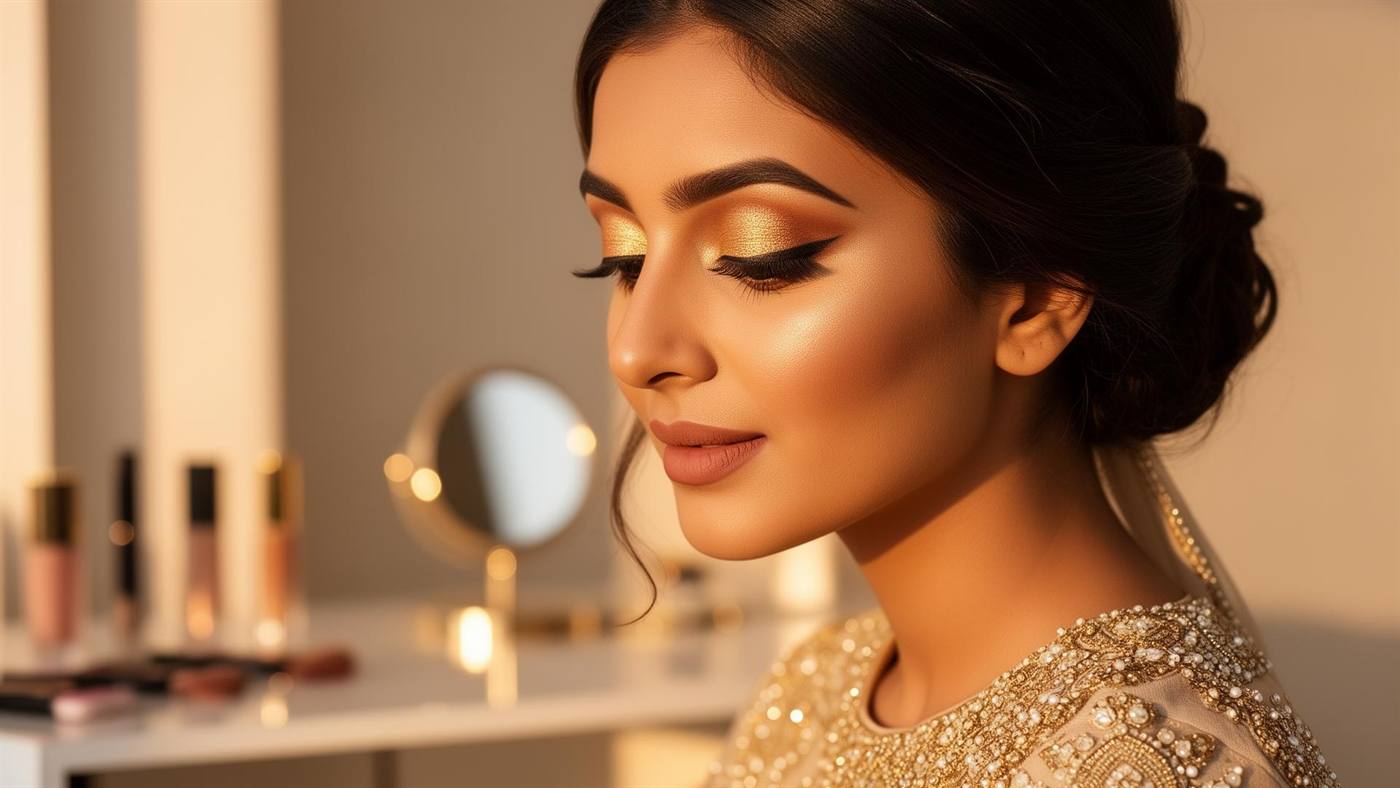 Bridal makeup close-up with gold shimmer eye and glowing skin